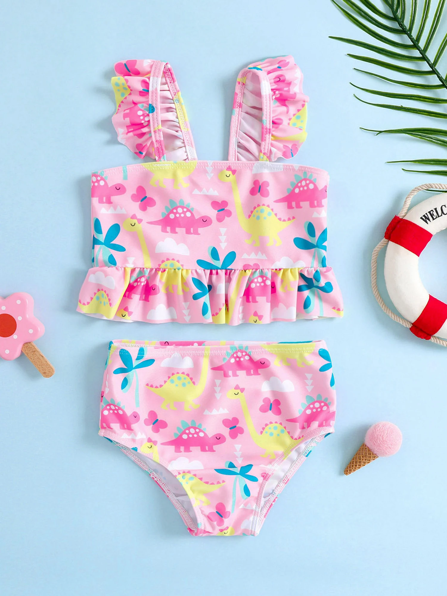 

Adorable Baby Girls 2-Piece Set with Flutter Sleeve Mermaid Print Swimsuit Top High Waisted Ruffle Bottoms