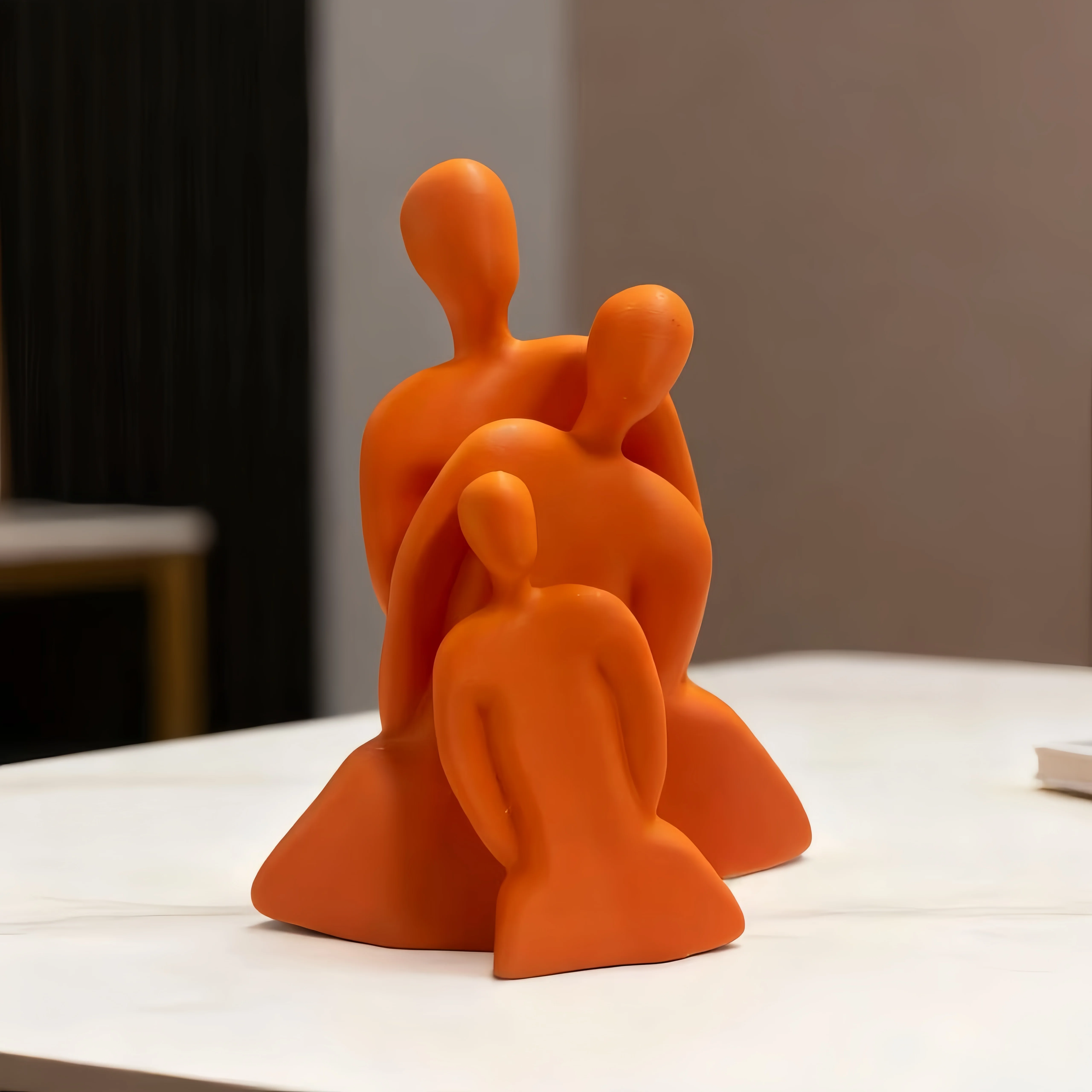 Abstract Family of 3 Figurine, Orange Modern Sculpture, Minimalist Parent-Child Statue for Home Decor, Perfect Housewarming Gift