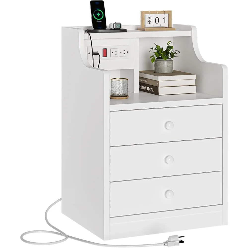 

Nightstand with Charging Station,White Night Stand with Hutch,Bedside Table with Drawers,Bed Side Table with Storage