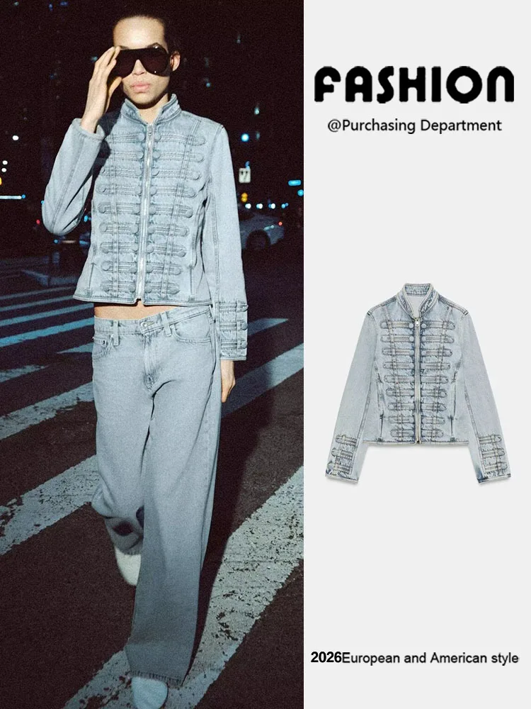 

Spring New Arrival Women's Fashionable Long Sleeve Button Detail Waist-Cinching Denim Jacket Versatile Outerwear Short Style