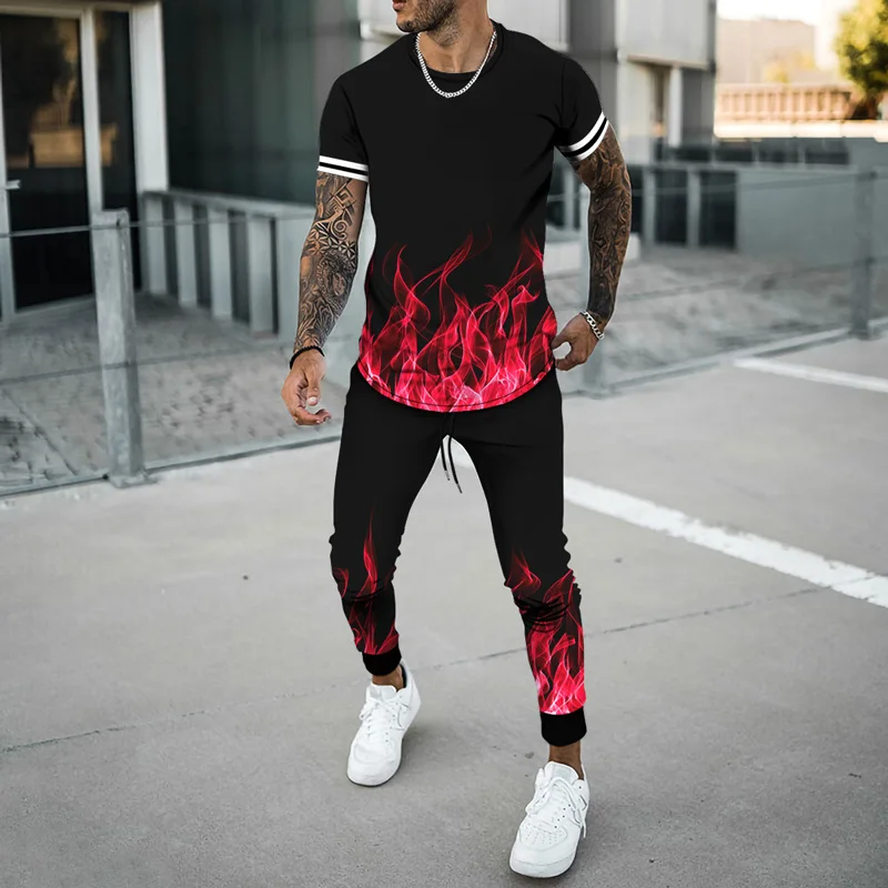 

Men's Flame Printed 2 Piece Sets Oversized T Shirts Joogers Outfits Fashion Trousers Tracksuit 3D Printed Trend Male Clothing