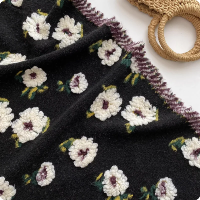 

Retro white three-dimensional flower jacquard imitation wool fabric for dress coat, blanket and cushion diy polyester fabric