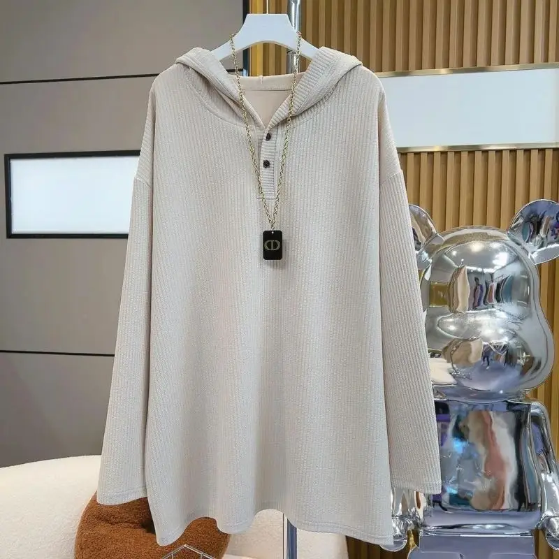 Spring Autumn New Women\'s Plus Size Solid Color Hooded Casual Long Sleeve Fashion Simplicity Stripe Loose Versatile T-shirt Top