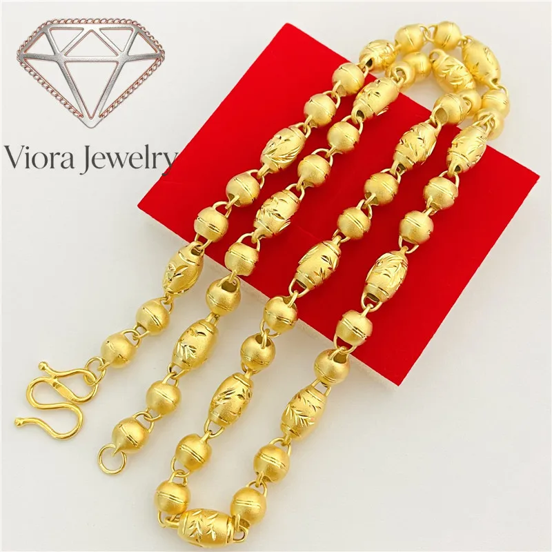 Viora Jewelry 9999 24K real gold hollow carving phoenix pattern olive beads necklace for men and women matte gold chain