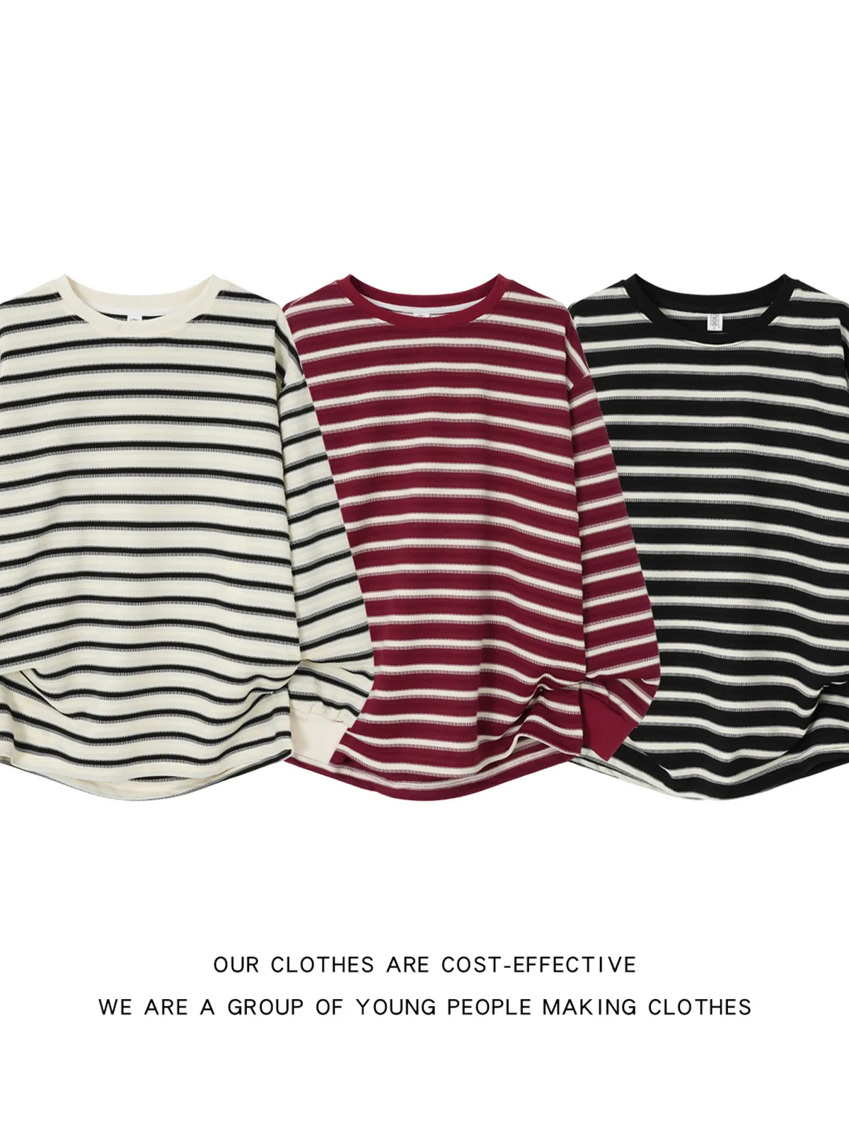 American Style Long Sleeve T-Shirt round Neck Ice Silk Striped Casual Unisex Spring Autumn Loose Fit Fashionable Top