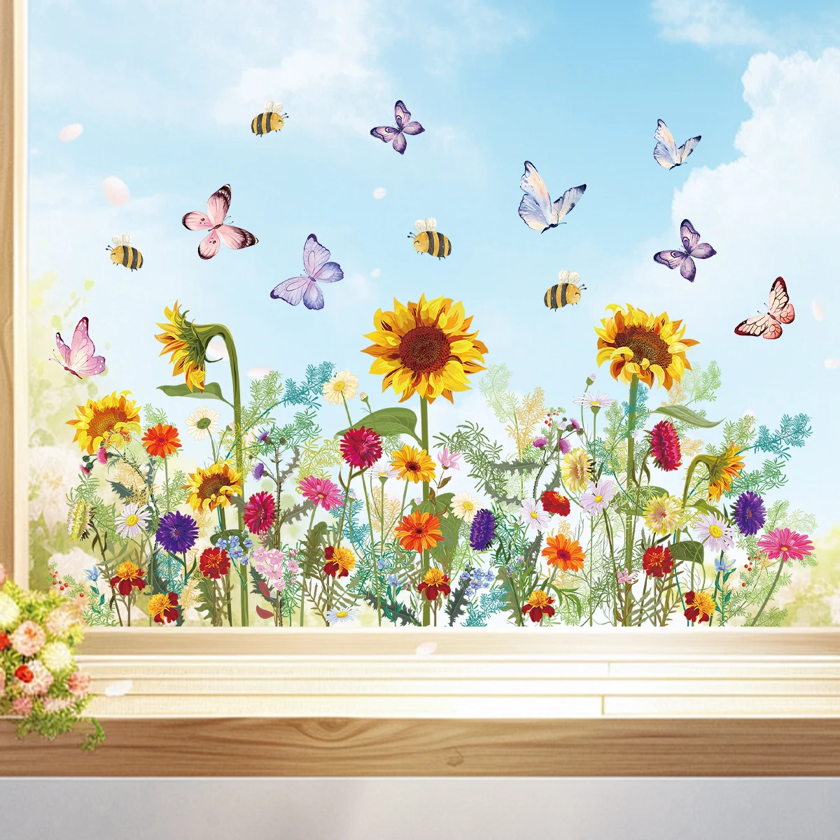 สีน้ําดอกทานตะวันที่มีสีสันผีเสื้อสติ๊กเกอร์ติดผนังสําหรับ Windows ห้องนั่งเล่นเด็กตกแต่งห้อง Wall Decals ตกแต่งห้องนอน
