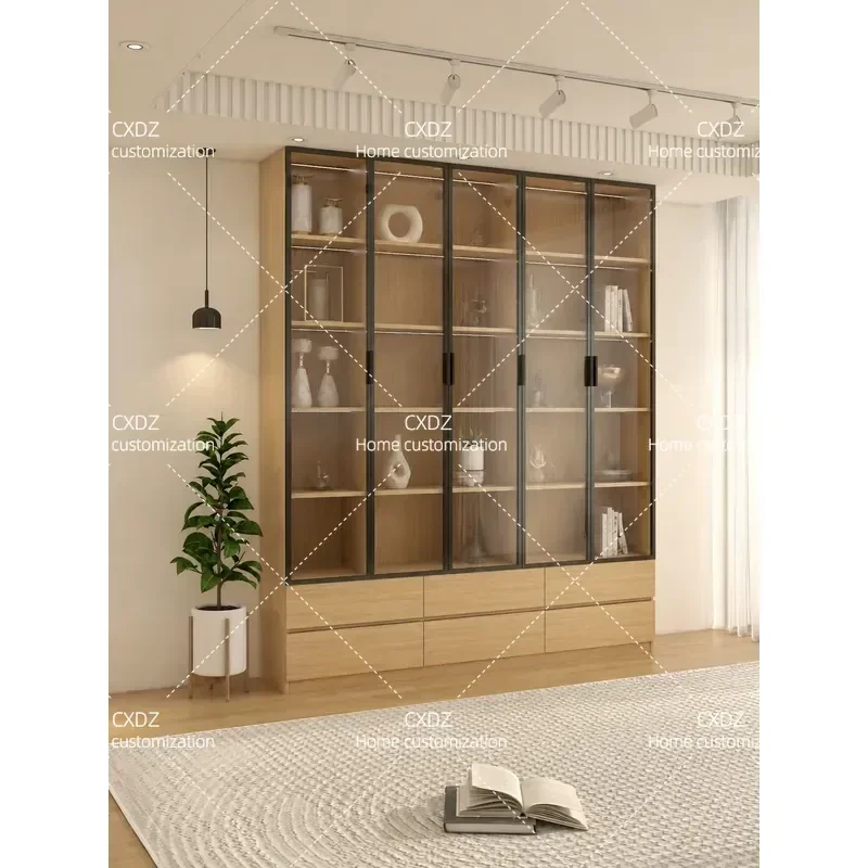 Floor to Ceiling Bookcase with Glass Door Integrated Locker Display Cabinet Whole Wall Storage Unit for Living Room