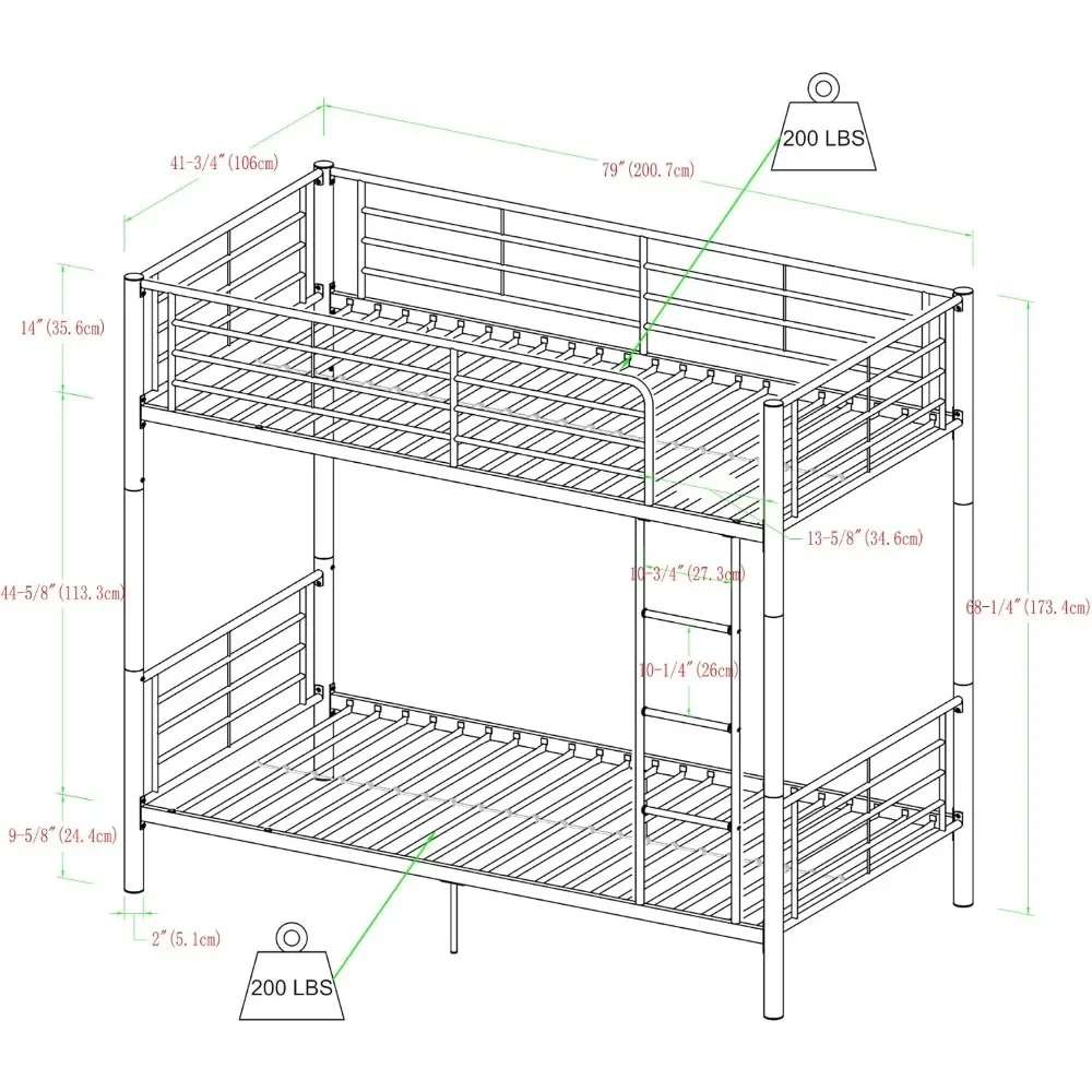 Walker Edison Elodie Urban Industrial Twin over Twin Metal Bunk Bed, Twin over , WhiteDimensions: 69.25” H x 41.75” D x 79” L