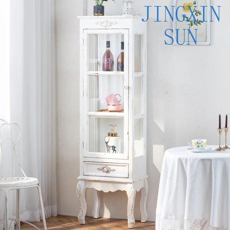 French retro white simple three-compartment glass door, fully installed floor-to-ceiling storage, file side cabinet