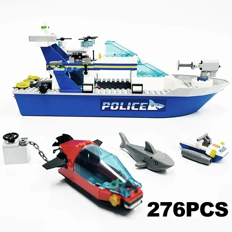 Building blocks children's City Series  Police Patrol Boat Ship Assembly City group police boat boy MOC Gift Assembly Toy