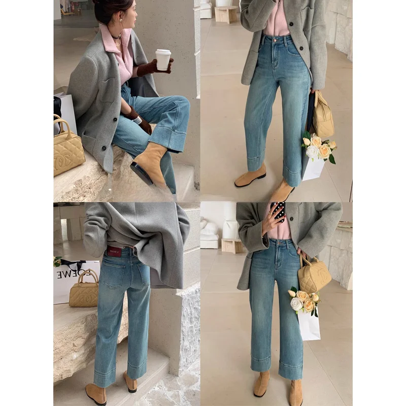 Korean style High-waisted retro jeans women's winter new velvet loose and thin fashion straight wide-leg nine-point pants