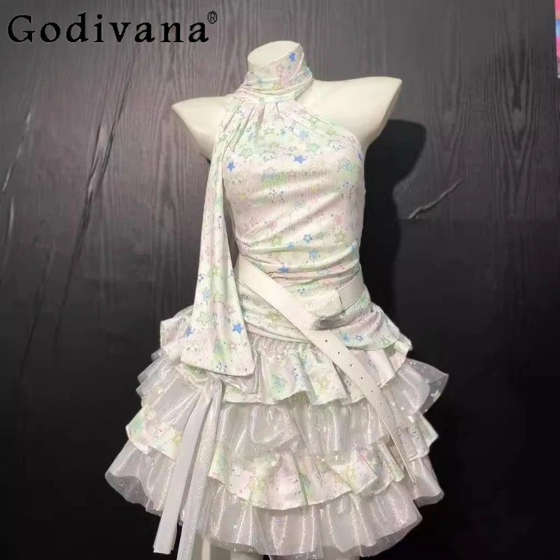 

Cute Girls Skirt Set Sleeveless Neck Y2k Subculture Sling Top Bow Cake Skirt Suits Women's Sexy Street Two Pieces Skirt Outfits