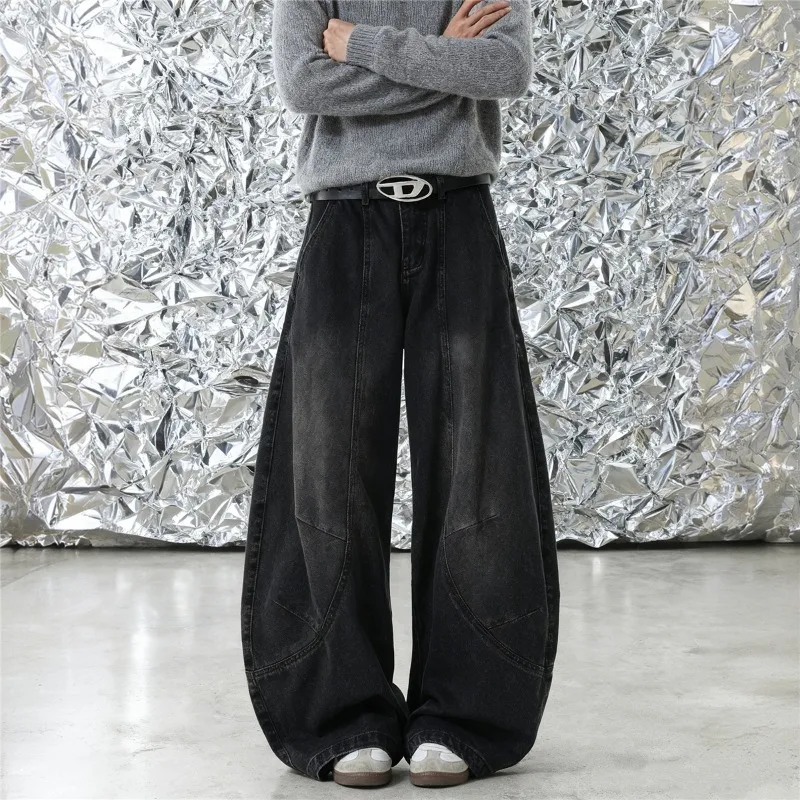 

Мужские джинсы из денима однотонного цвета, с эффектом потертости, в американском стиле, широкие, с изогнутым кроем, повседневные, Cleanfit