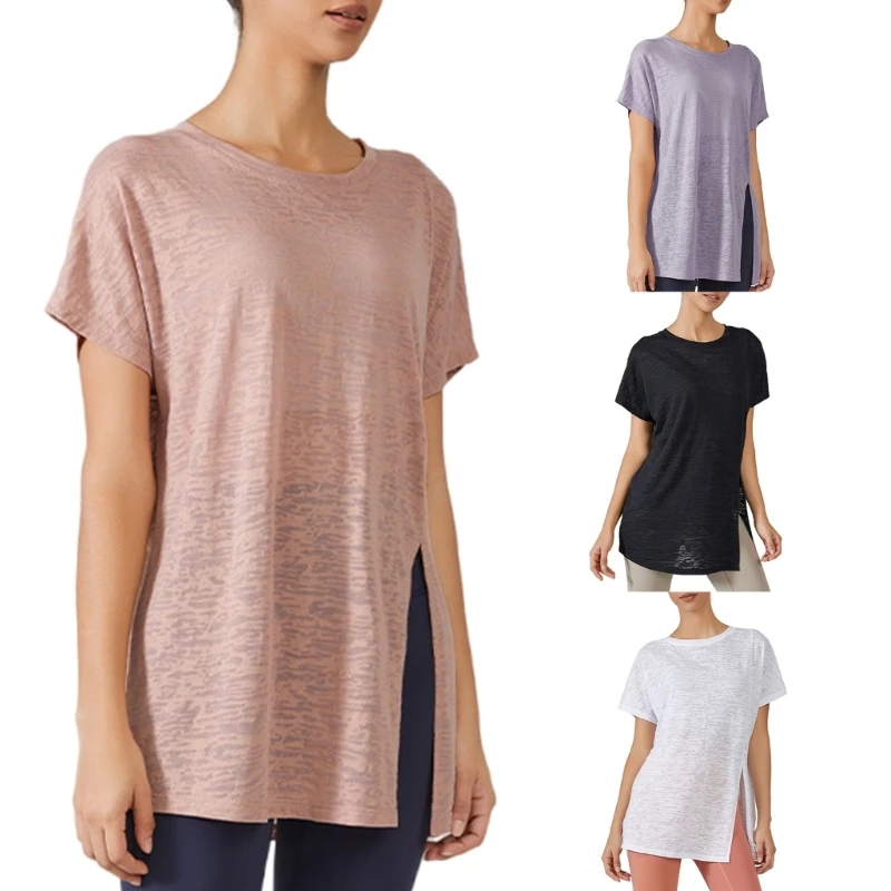 

Women Loose Fit Yoga Shirts Short Sleeves Tees Top Front Split Yoga Tops Breathable Round Neck Tops for Workout Running