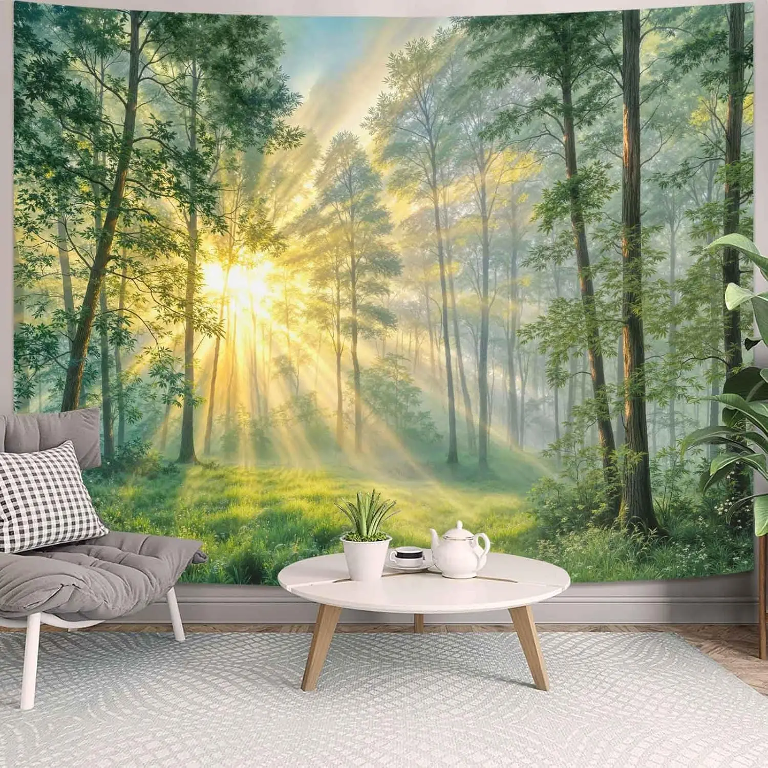 Sunlight Forest Tapestry, Green Woods Morning Sunbeam Wall Hanging, Aesthetic Nature Landscape Tapestry for Bedroom Living Room