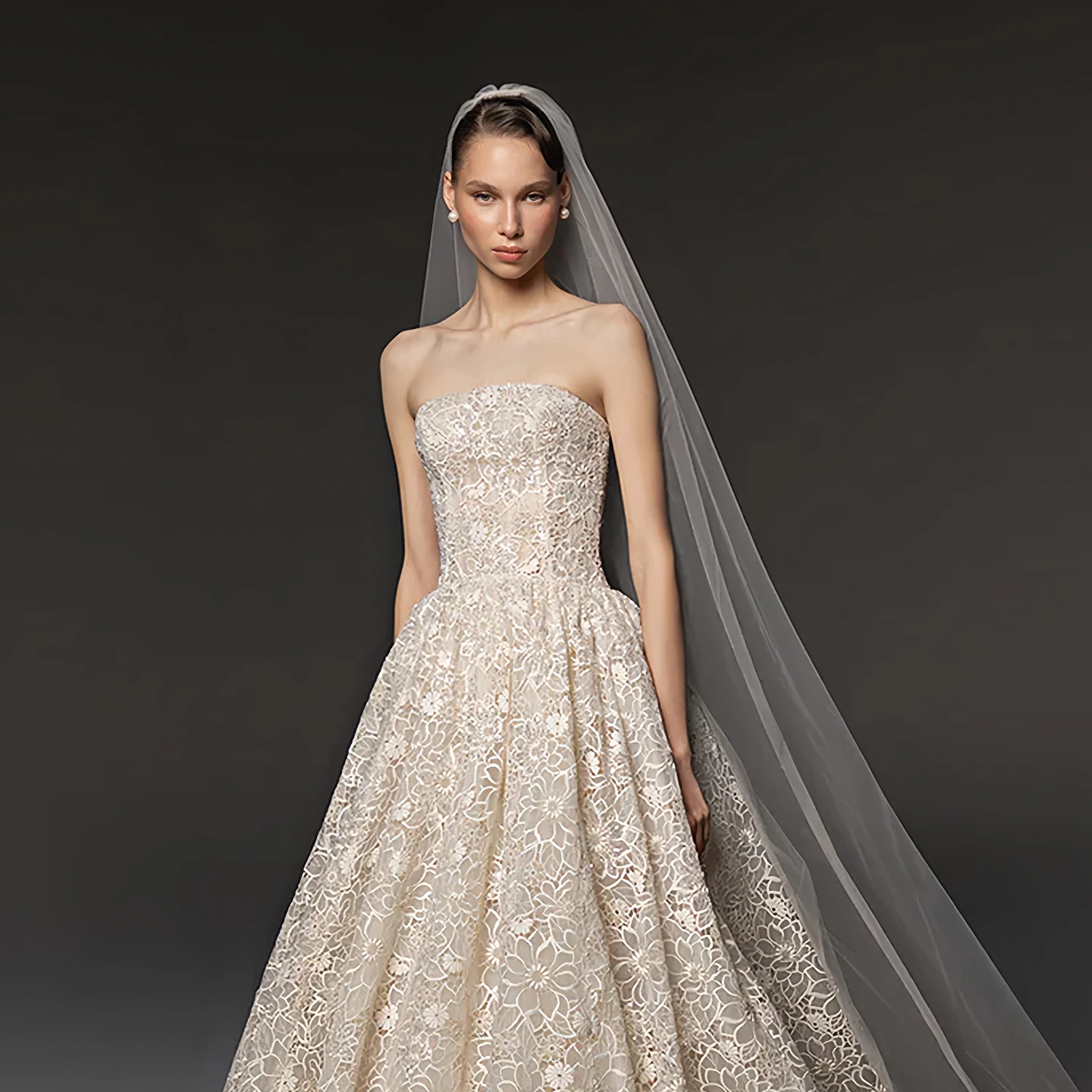 Sheer Fairy Women Elegant Strapless Allover Floral Print Lace Wedding Dresses Simple Bridal Gown with Big Train SW667 Customized