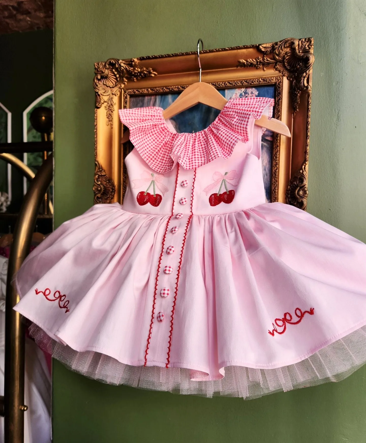 Summer Baby Girl Sweet Sleeveless Cherry Bow Embroidered Red Grid Pink Puffy Dress For Casual Party Birthday Wedding Photography