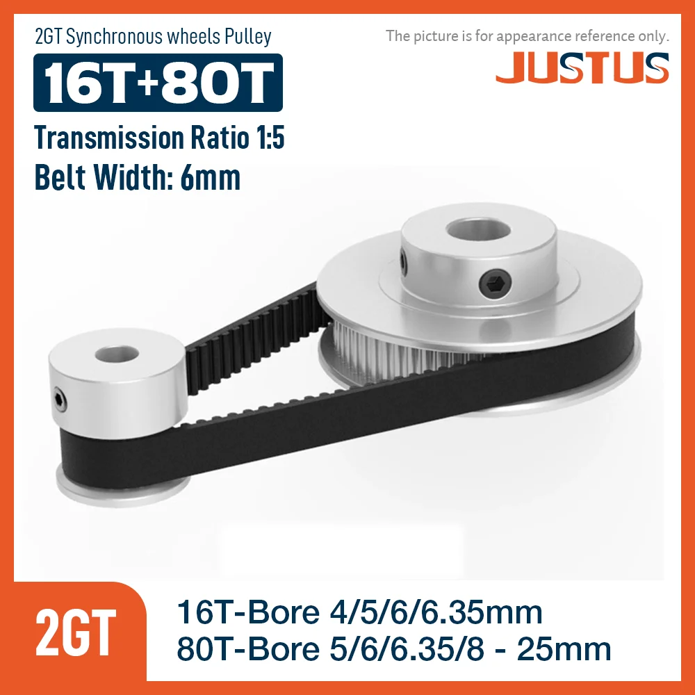 

2GT BF Type Synchronous Pulley Belt Kit GT2 16Teeth 80Teeth 1:5Reduction Ratio Mechanical Transmission Assembly Bandwidth 6mm