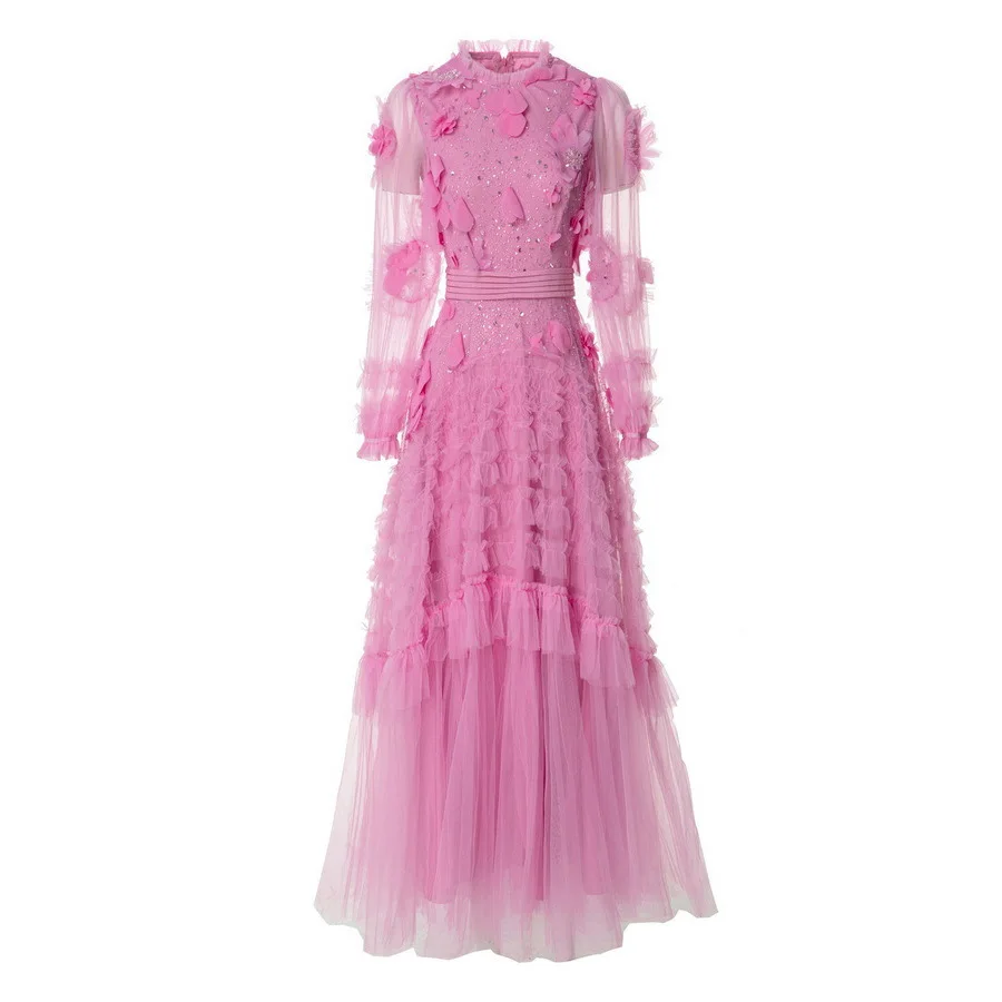 

European and American women's clothing 2025 spring new Long sleeve stand collar applique stitching bead mesh Fashion dress XXL