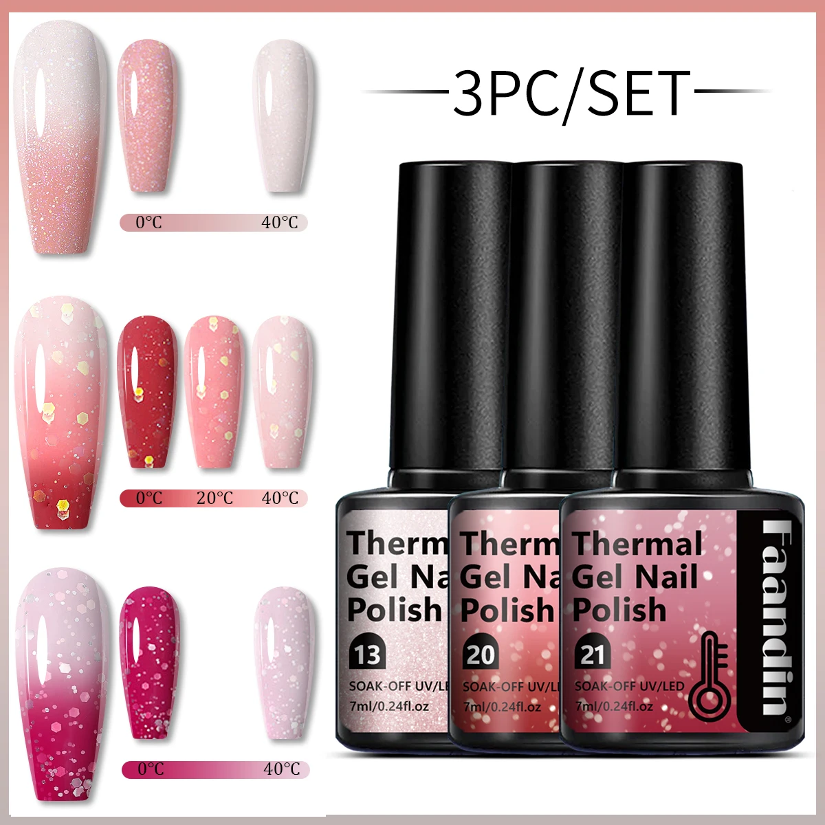 Faandin 3Pcs/Set 7ml*3 Pieces, the Thick Coating Effect Is Better When the Temperature Changes, Trendy and Colorful, Full Color, Temperature-Changing Gel Nail Polish Set, Perfect Gift for Gifting, Strong and Long-Lasting, Not Easy to Fade, Easy to Apply and Remove, Essential Item for Proms, Parties, Art Salons, Wholesale Nail Polish Gel for Nail Salons