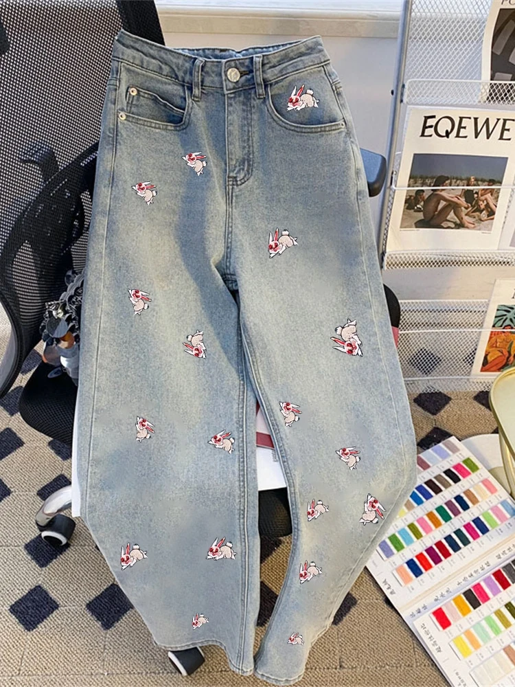 

Американские джинсы прямого кроя с принтом кроликов, женские, летние, винтажные, свободные, широкие брюки