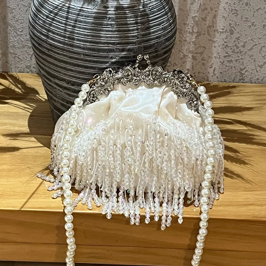 

Fashion White beaded tassel shell clip clutch pearl chain evening dress purse party shoulder crossbody bag for women handbag sac