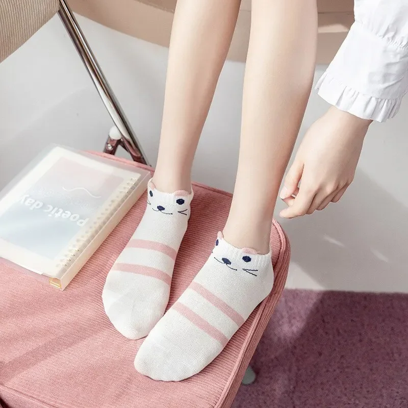 5 Pairs Women's Short Tube Socks Kitty Crew Low Tube Boat Sock Girls' Creative Printing Socks Cartoon Cute Kitten Ankle Socks