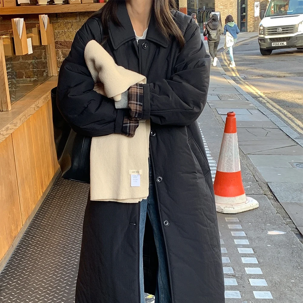 

Chic Korean Sle Women's Cotton Coat Autumn Winter High Quali Ches Loose Casual Mid-Length Over-Knee Outerwear Coat