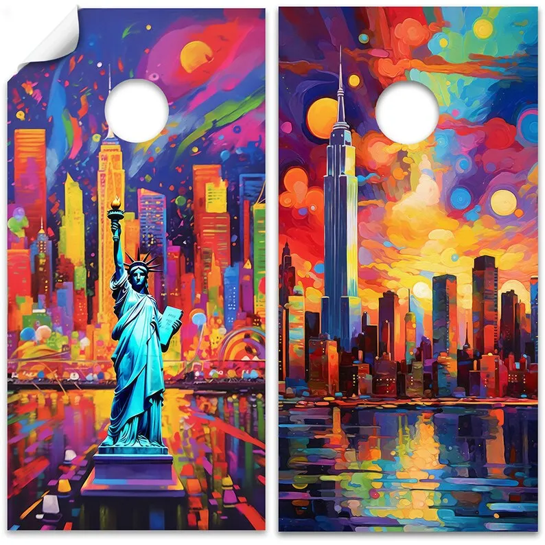 Set of 2 Corn Hole Decal Vibrant New York Skyline Statue of Liberty Condo Decal Cornhole Wrap, Professional Vinyl Cover Sticker,