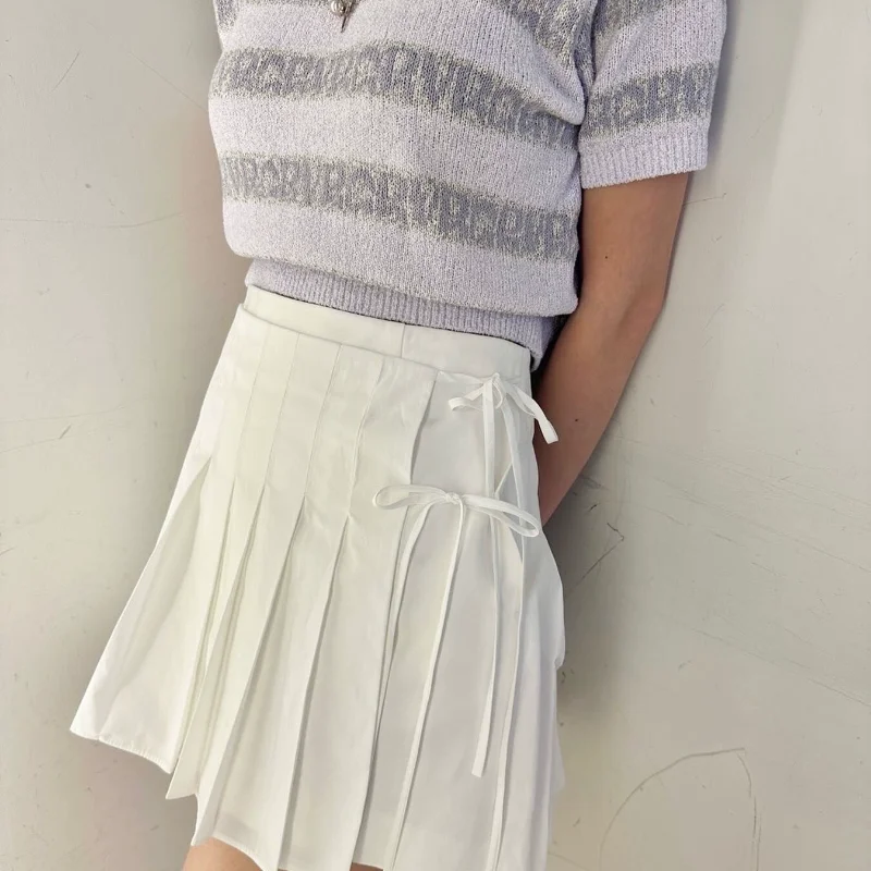 

E Claire Pure Color Bowknot Belted Pleated ort Skirt Korean Sle Cotton Polyester Blend A-Line Silhouette Summer New Arrival