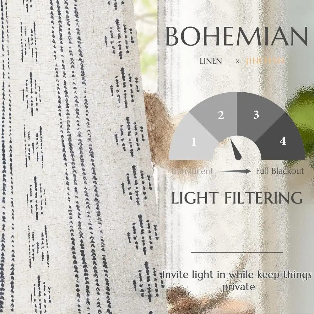 ستائر بوهو من مزيج الكتان، 108 طراز المزرعة السوداء، تصفية إضاءة ذات لوحتين لغرفة المعيشة وغرفة النوم وتصميم الجيب