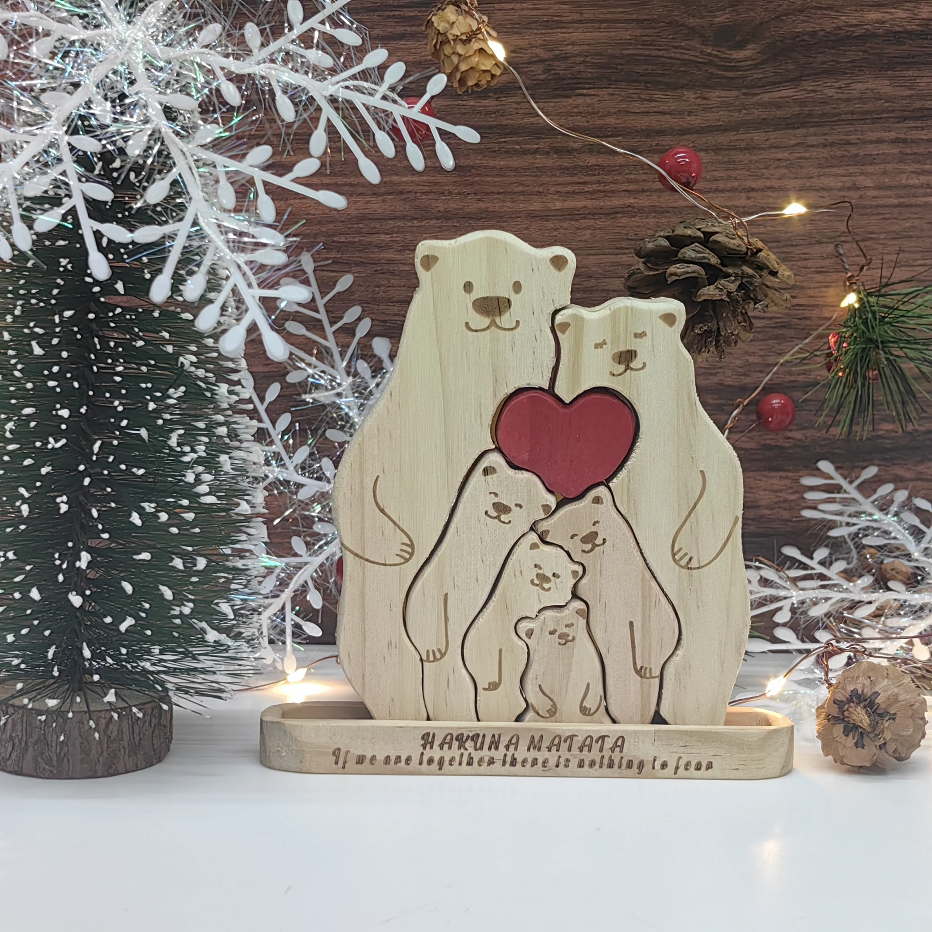 Cute Family Bear Wooden Puzzle Ornament Free Custom Engraving Christmas Gift Decor Family Name Sculpture Accessories Home Decor