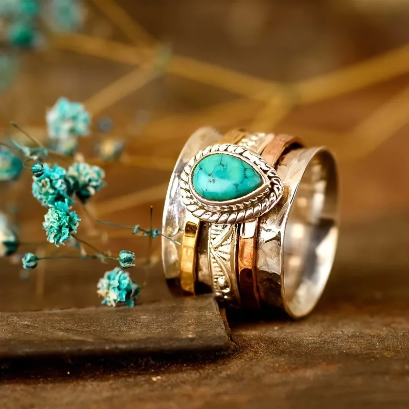 Women's Ring, Vintage Turquoise, Tri-color Plated, Unisex Ring, European & American Gemstone for Wedding