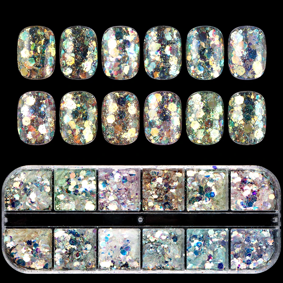 12 Grids Shimmery Mermaid Hexagon Nail Art Glitter Sequins Holographic Mirror Nail Powder Flakes Nail Charms Decoration Manicure