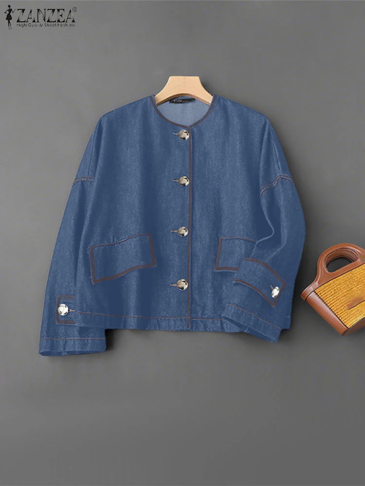

ZANZEA Casual Autumn Jackets Women Elegant Office Outwears Long Sleeve O Neck Tunic 2025 Solid Color Fashion Denim Cardigan
