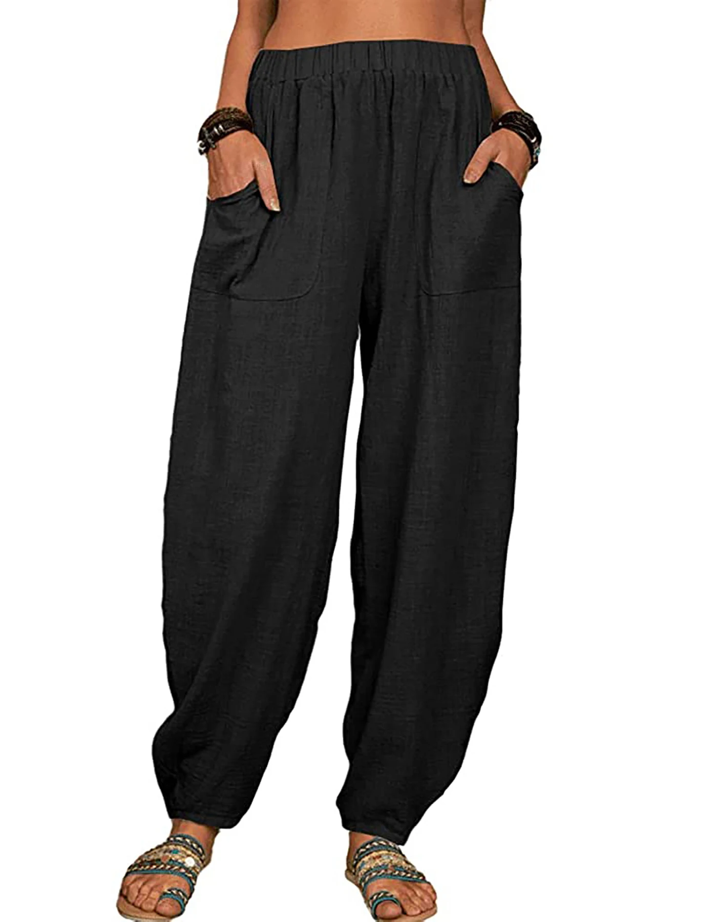 Damenmode Boho Haremshose Lässige Weite Hose mit Elastischem Bund und Seitentaschen in Unifarbe für den Alltag – Detail 6