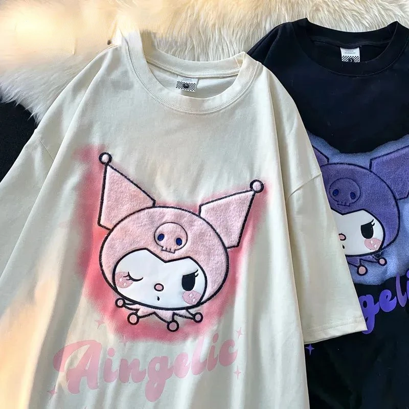 Sanrio Kuromi Cute Harajuku Oversized T-shirt Y2k Women Korean Fashion Short Sleeve Tee Kawaii Anime Cothes Black White Crop Top