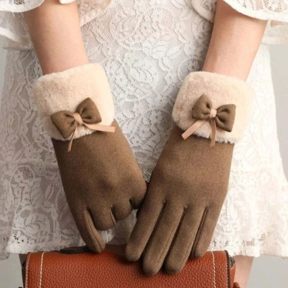 

Износостойкие женские перчатки с защитой от холода, утолщенные замшевые перчатки с мягким бантом, сенсорный экран, полиэстер, ветрозащитные варежки для пальцев, велосипедные перчатки