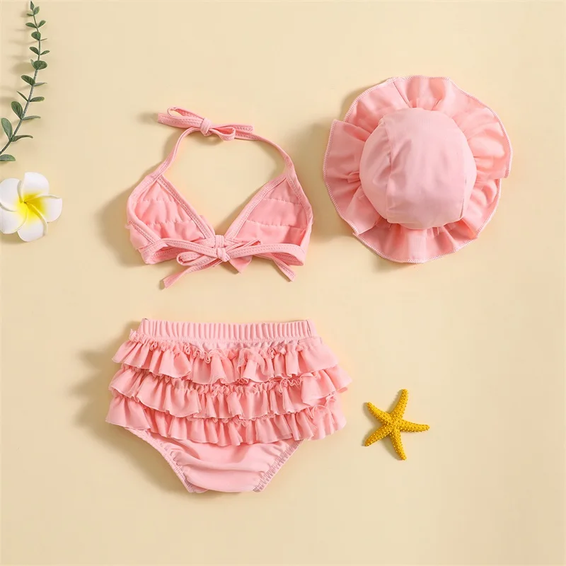 Tregren 0-24M Infant Baby Girls 3pcs Bikinis Set with Swim Caps Ruffle Bandage Bow Swimsuit Summer Swimwear Beach Bathing Suit