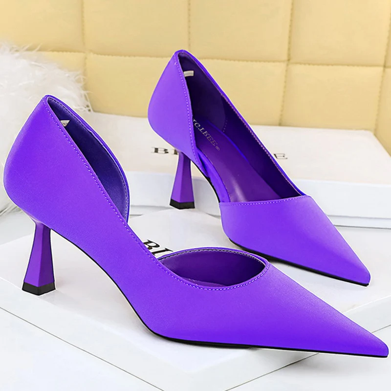 Women 7cm High Heels Green Purple Red Pumps Small Size 34-40 Stripper Evening Silk Escarpins Lady Wedding Bridal Scarpins Shoes