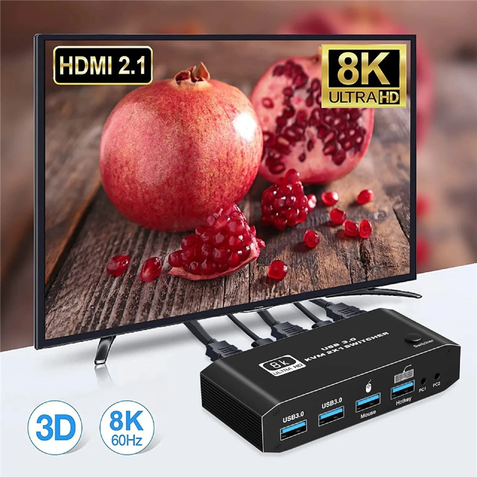 HDMI 2.1 KVM Switch 4K 120Hz HDMI USB KVM Switch Dual Port USB HDMI 2.1 Switcher 2X1 4K 60Hz 8K 60Hz 2 PC 1 Monitor