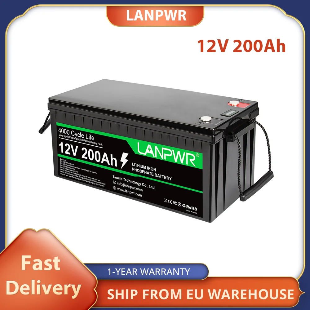 LANPWR 12V 200Ah LiFePO4 Lithium Battery Pack Backup Power, 2560Wh Energy, 4000+ Deep Cycles, Built-in 100A BMS,Support  Solar