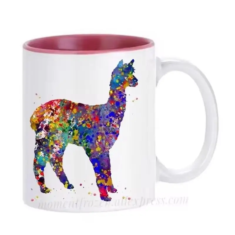 Watercolor Alpaca Mug Ceramic LLAMA Coffee Mugs Camel Porcelain Cup Tea Art Mugen Temperature Color Change Heating Mugs Teaware