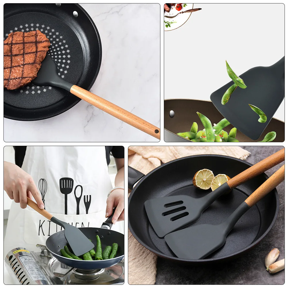 

2Pcs Silicone Kitchen Spatulas Dark Grey Non-Stick Pot Safe Heat Resistant Cooking Tools Wooden Handle Home Restaurant