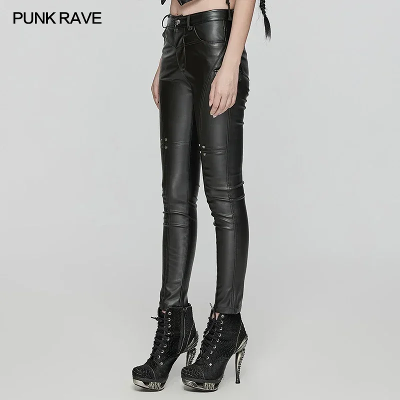 PUNK RAVE-Leggings tissés en sergé punk pour femmes, modules en cuir verni des deux côtés, beau et personnalisé, fjStreetwear