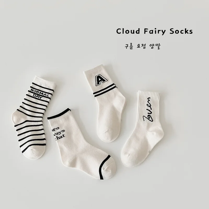 4 Pairs Spring Socks Girls Boys Socks Kids Children Cotton Sock Trendy Pattern Socks Baby Crew Socks