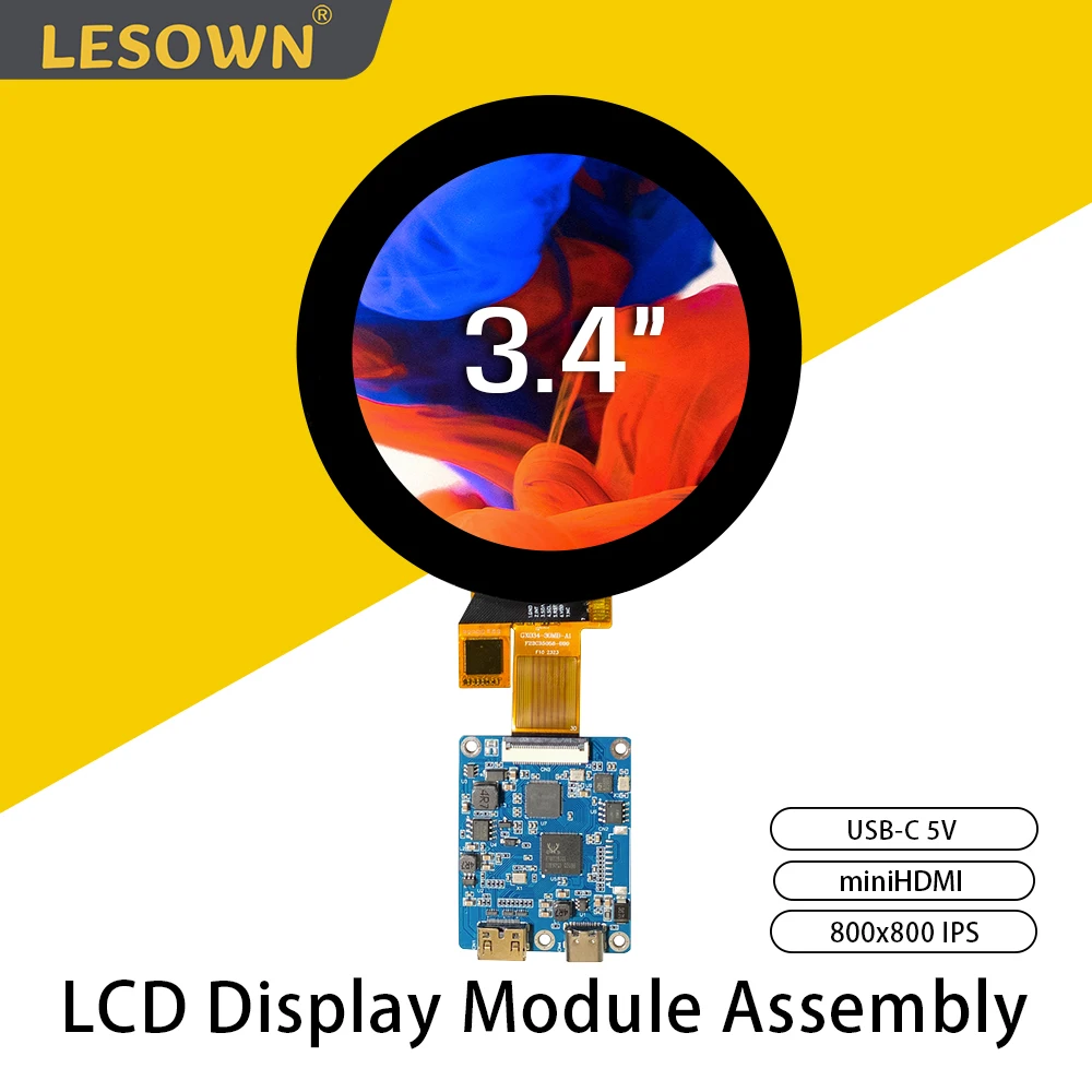 

Мини-экран LESOWN 3,4 дюйма HD 800x800 IPS ЖК-дисплей с сенсорным экраном Модуль HDMI USB C Круглый дисплей с платой драйвера для ПК