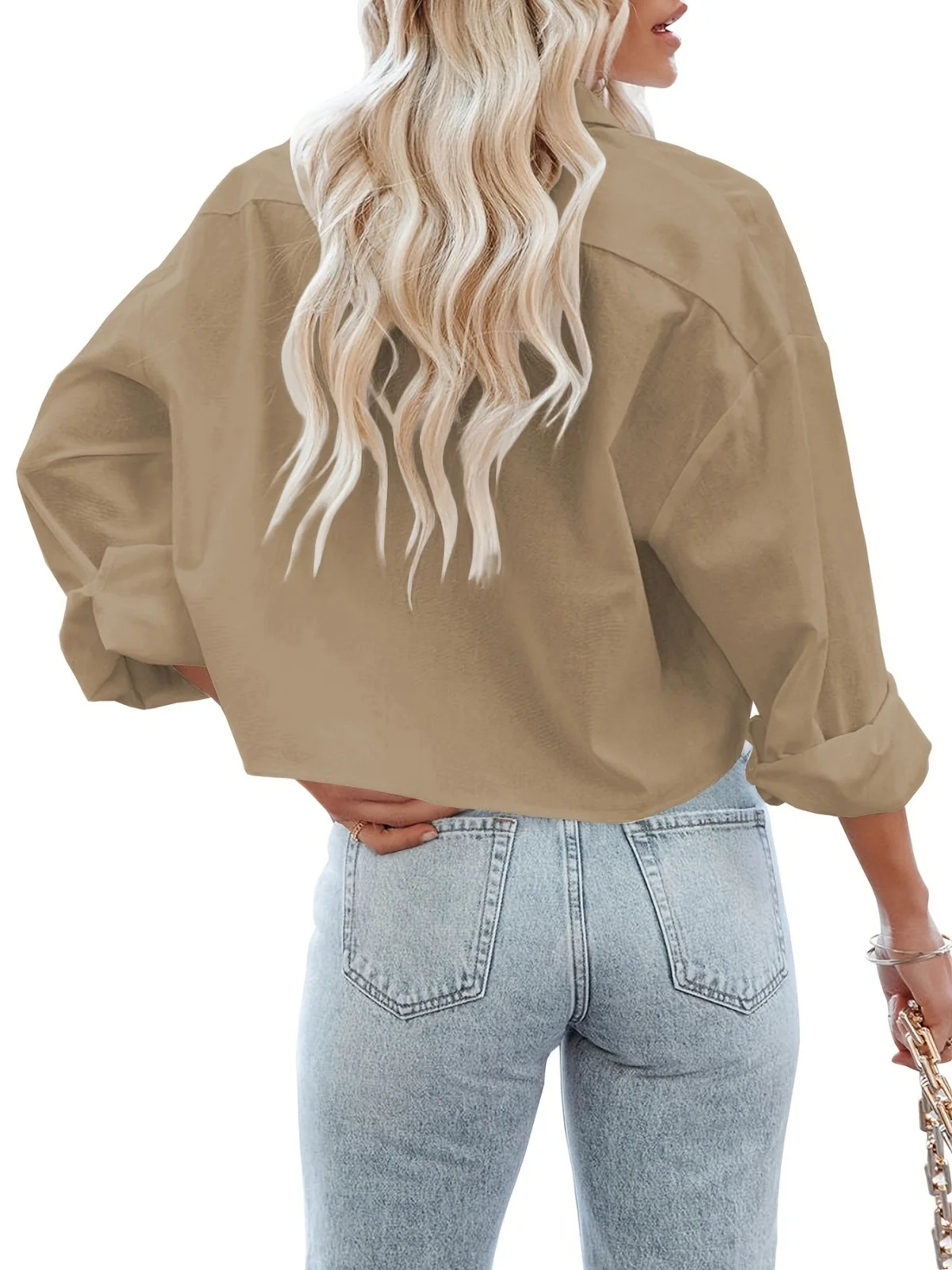 Button Down Office Lady Cropped Shirts Women Long Sleeve Casual Short Crop Tops Solid Color Lapel Blouse Shirt with Chest Pocket