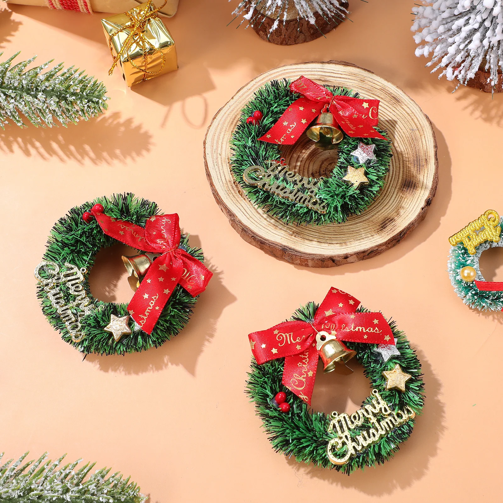 

12Pcs Mini Bow Bell Wreaths Small Christmas Tree Hanging Decorations Festive Holiday Garland Mini Christmas Decorations