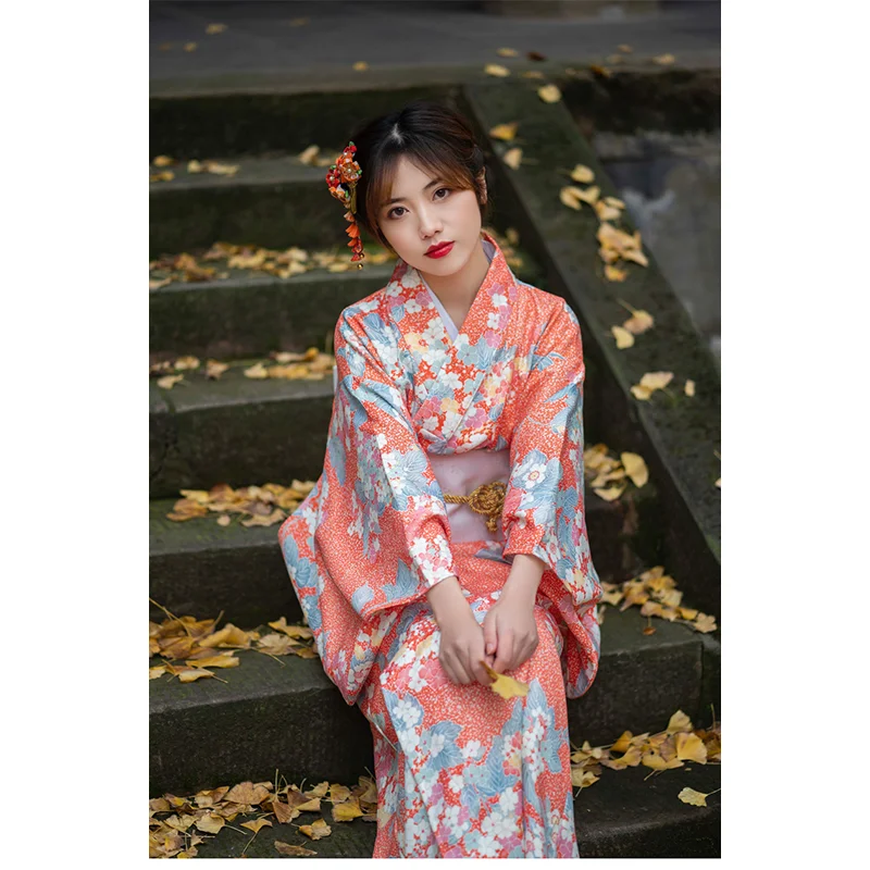

Women's Japanese Traditional Kimono Orange Color Floral Prints Classic Yukata Photography Dress Cosplay Costume Long Dress